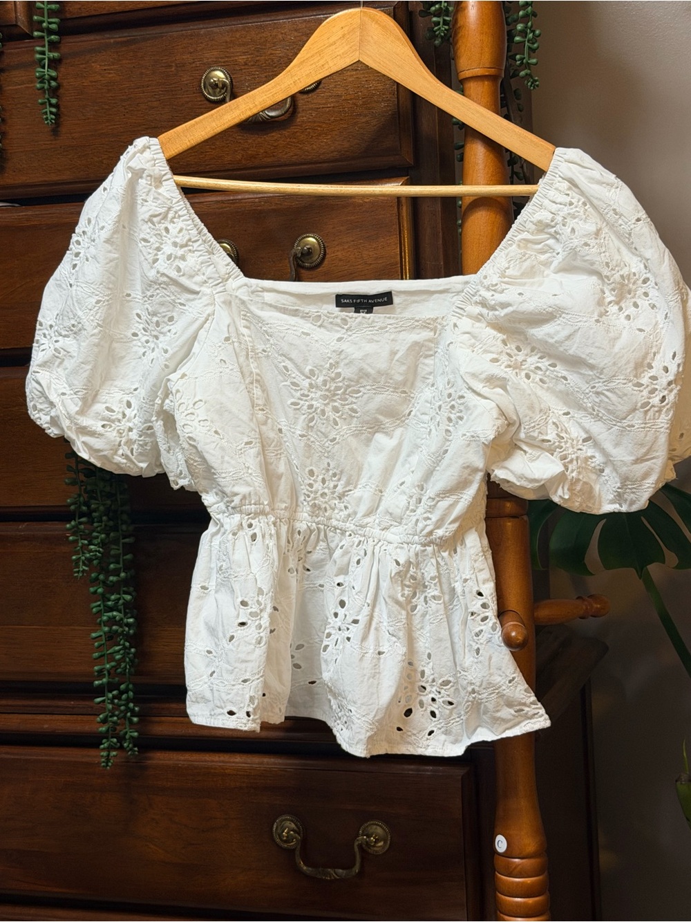 Saks Fifth Avenue Smocked Eyelet 100% Cotton Peplum Top - White